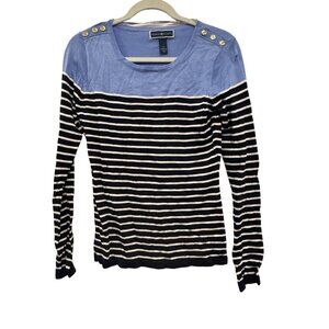 Karen Scott Striped Button Detail Sweater Women XS Blue/Navy/White Rayon Blend